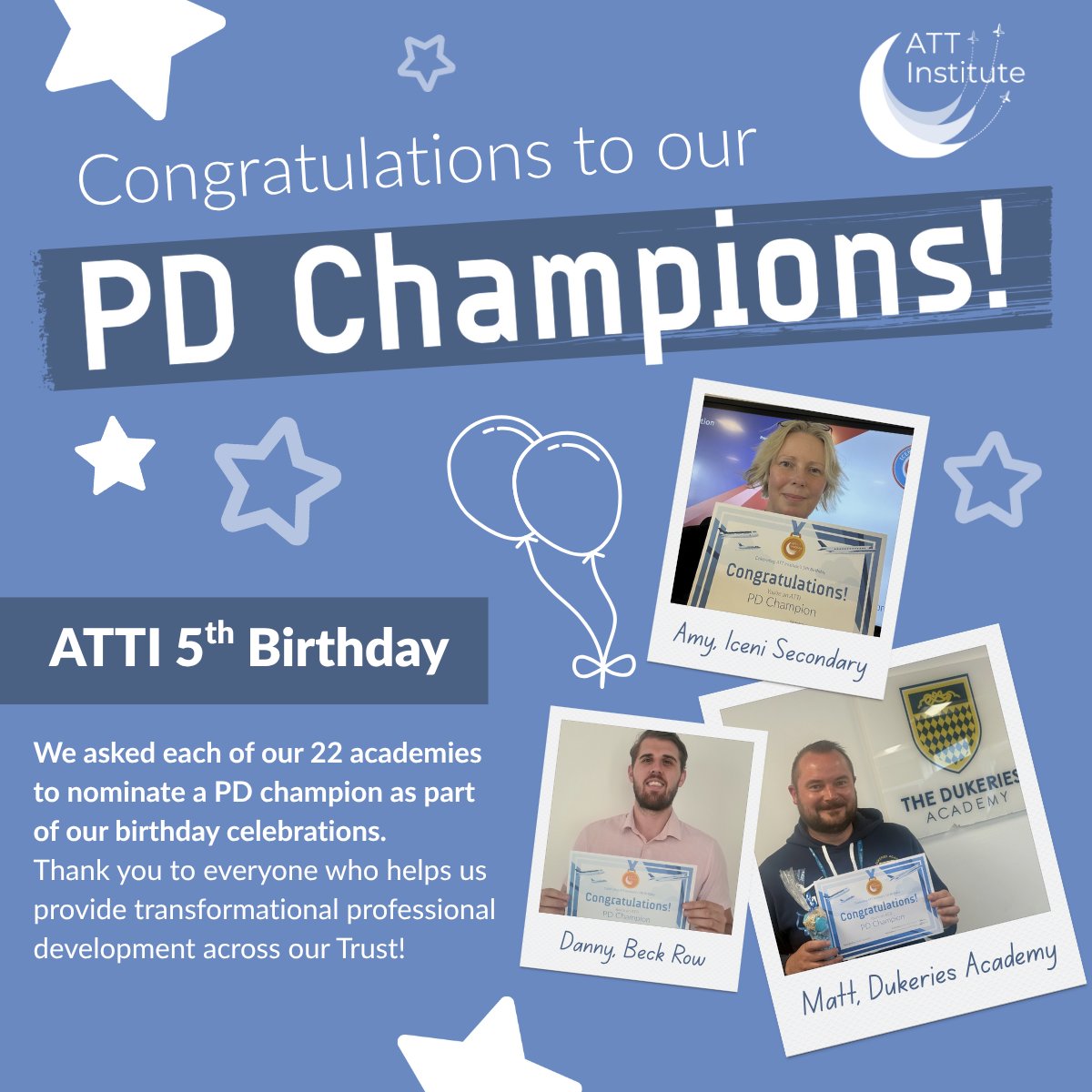ATTInstitute's tweet image. A huge round of applause & a big cheer for our amazing ATTI #PDChampions, who we're celebrating as part our 5th birthday! 👏🎉🥳
Thank you to all for your hard work, helping us lead the way in #TransformingPD across @AcademyTrust and beyond! ✈️
#TransformingLives #ATTIis5
