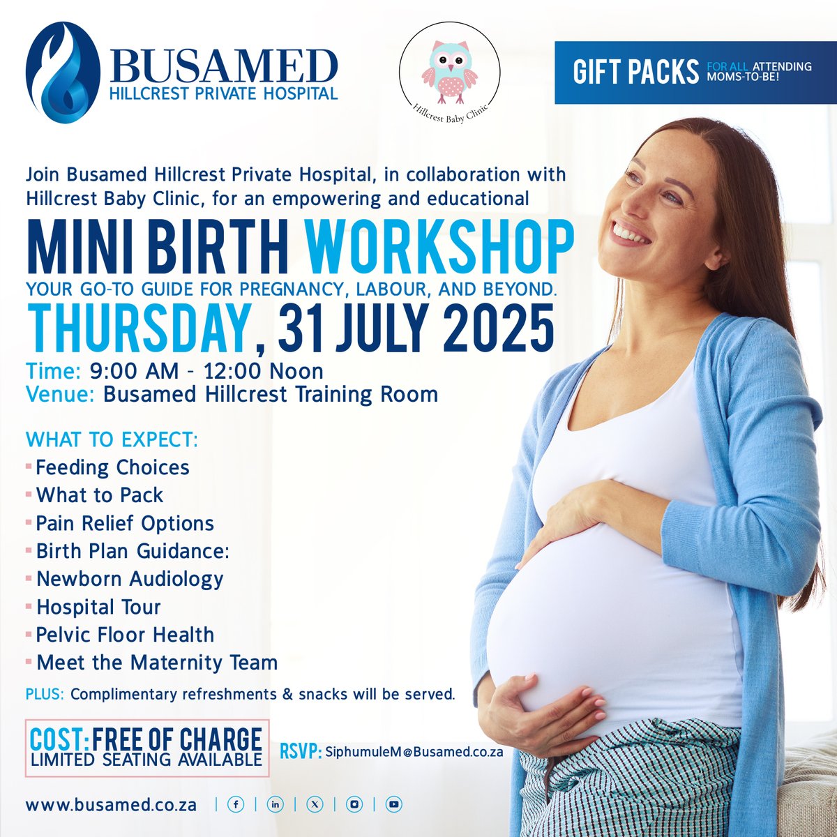 Calling all moms-to-be! Join us for a FREE Mini Birth Workshop – your go-to guide for pregnancy, labour, and beyond. RSVP to SiphumuleM@Busamed.co.za – seats are limited. #Busamed