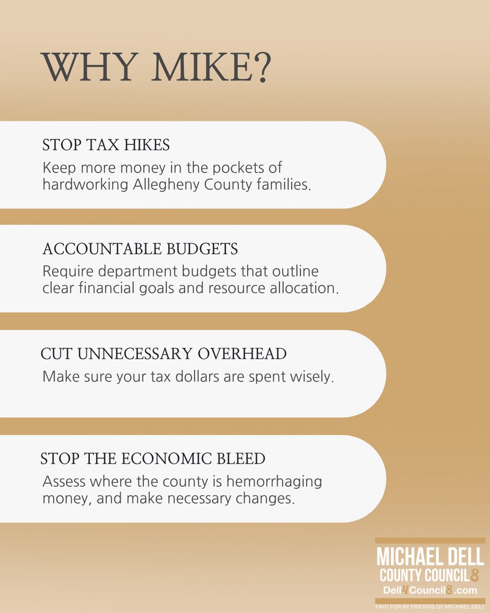 dell4council8's tweet image. Why is Mike Dell running for County Council?
✅ Stop tax hikes
✅ Require real, goal-driven budgets
✅ Cut bloated overhead
✅ Fix where the county is bleeding money
Mike’s a CPA who knows how to fix what’s broken - and he'll protect your wallet while doing it.
#DellForCouncil…