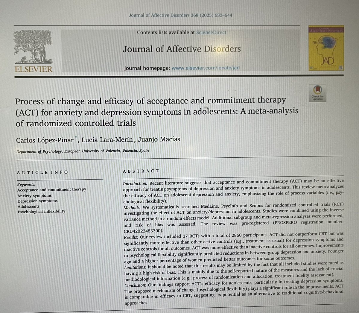Great new meta analysis on the effects of commitment therapy on adolescent anxiety and depression presentation! pubmed.ncbi.nlm.nih.gov/39303882/