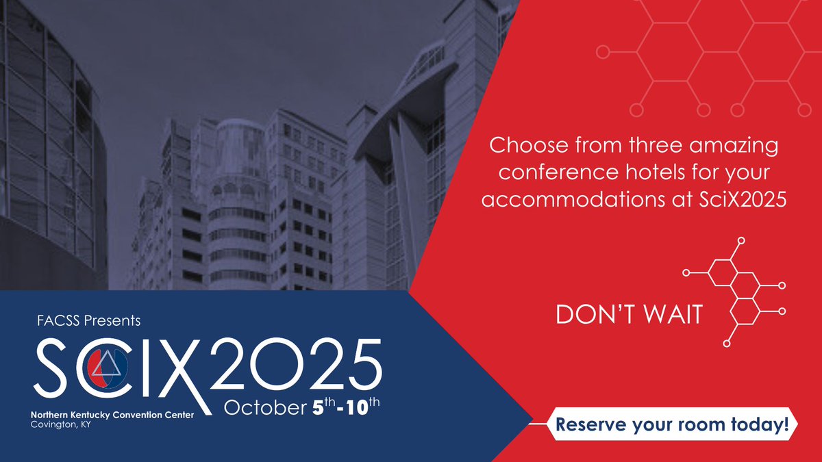 At SciX2025 we are offering a selection of convenient hotels for you to choose while you’re at the conference. Cincinnati Marriott River Center, Courtyard CincinnatiCovington or Embassy Suites by Cincinnati Hilton. 

scixconference.org/hotel  

#SciX2025 #FACSS