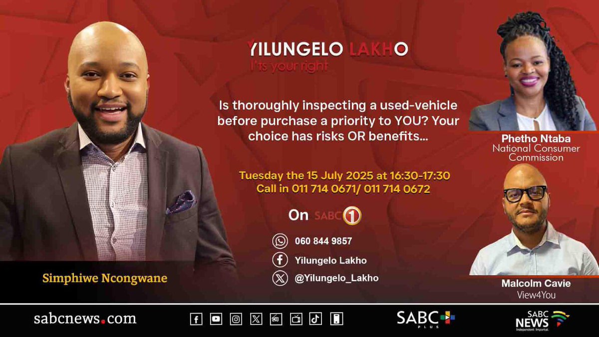 TheNCC_RSA's tweet image. You don’t want to miss this conversation between @PhethoN and @SimzNcongwane on @Official_SABC1 @SABCNews, as they discuss your rights regarding purchasing used-vehicles.