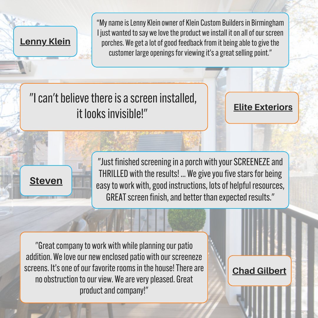 💬 Don’t take our word for it…
Hear it from the builders and homeowners who use SCREENEZE® every day.

Your dream outdoor space starts here.
🔗screeneze.com

#screeneze #porchlife #outdoorliving #nospline #views #summer #screenporch #screenedporch #contractor
