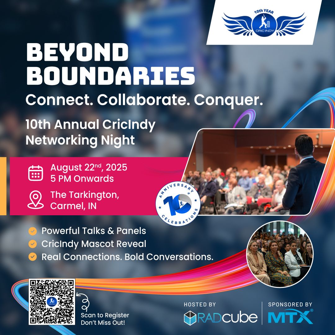 Cricindy2's tweet image. BEYOND BOUNDARIES
Connect. Collaborate. Conquer.
Join us for the ๐ 10th Annual #CRICINDY2025 Networking Night!
Aug 22, 2025 | 5PM
The Tarkington, Carmel, IN
Inspiring talks
CricIndy Mascot Launch
Real connections
Hosted by @indyradcube | Sponsored by @mtxinc
#BeyondBoundaries