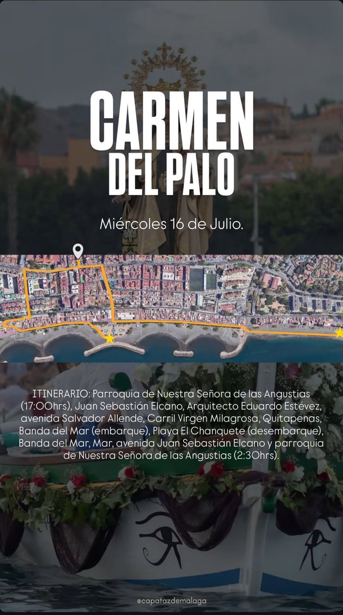 ⚓ COMUNICADO OFICIAL 
Recordar que el horario de salida de la procesión son las 17:00 h., formando la procesión en la plaza cercana a la Iglesia  En cuanto al encierro como ya se avisó en el cabildo de procesión, se realizará en el exterior de la parroquia
📷: @capatazdemalaga
