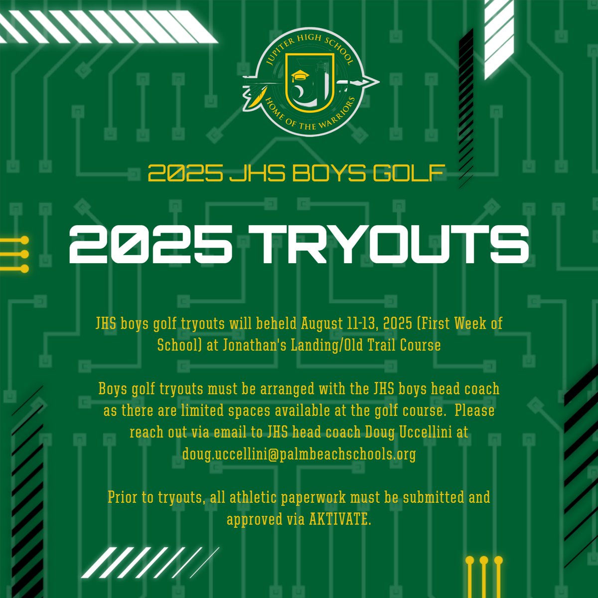 JHS boys golf tryouts for the 2025 season are quickly approaching.  All golfers interested, please reach out to Coach Uccellini to schedule your tryout.  All athletic paperwork must be completed and approved prior to participation.  Good luck to everyone trying out.  #onetribe