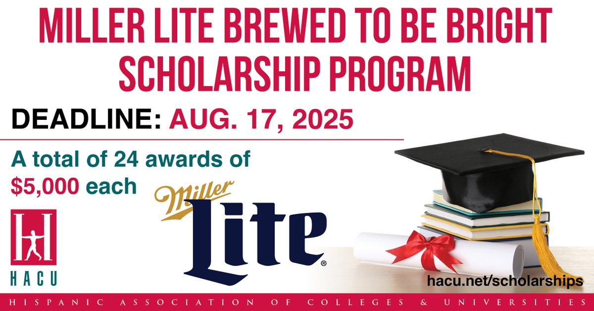 Attention #college students! You have the opportunity to apply for one of 24 #scholarships, each worth $5,000, provided by HACU and Miller Lite. Visit the link below to check eligibility requirements. The application deadline is August 17, 2025.
bit.ly/403IijY