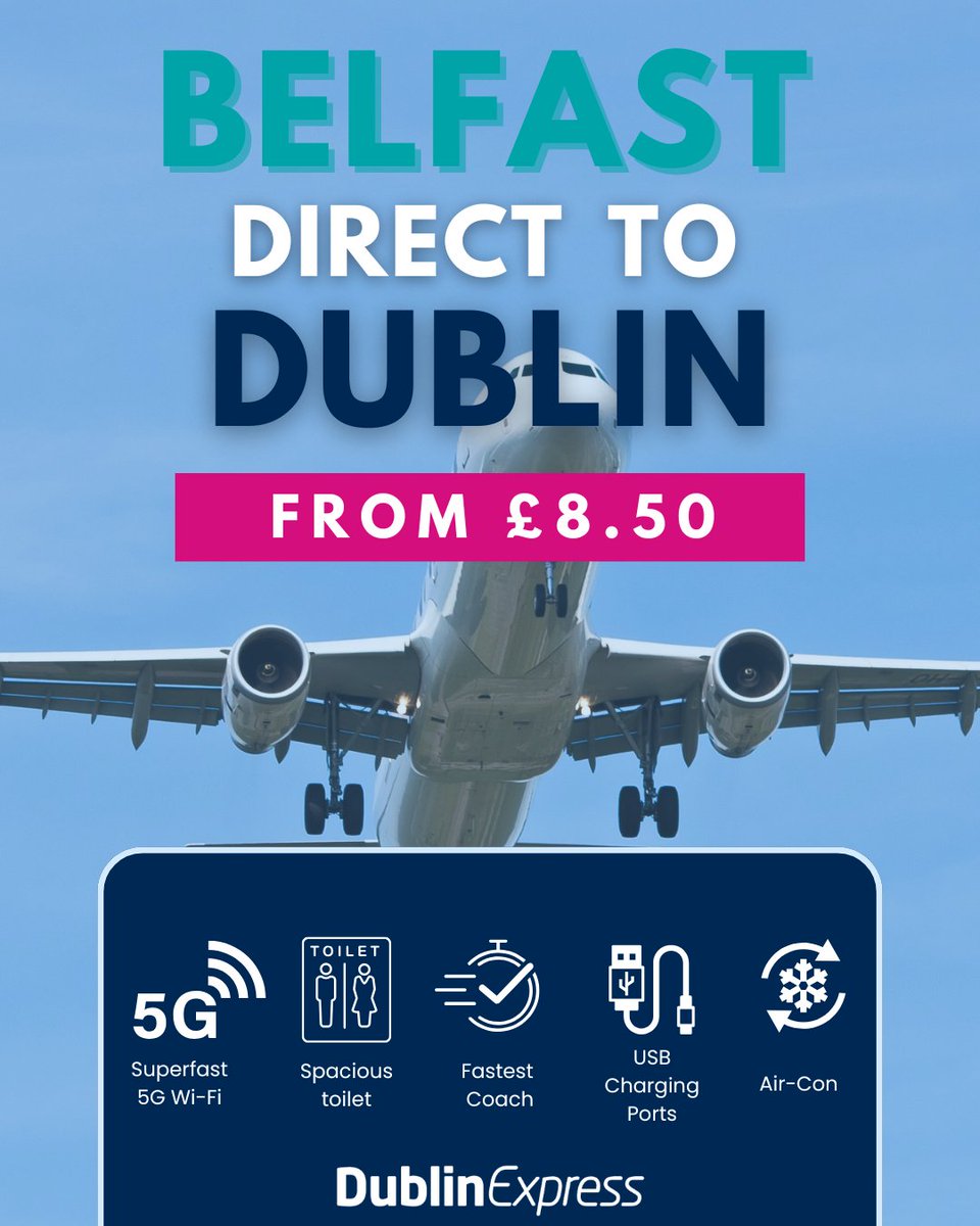 🚍 Travel Direct from Belfast to Dublin Airport in Comfort! ✈️

No stops, no stress, just a smooth journey straight to your terminal. Enjoy reclining seats, a spacious on-board toilet, USB charging ports, and free WiFi so you can relax, scroll, or snooze all the way.

Why travel