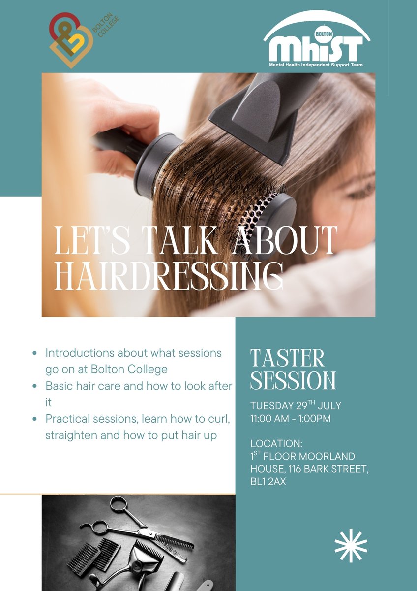 Looking to boost your wellbeing or explore a new skill? Join us for two exciting sessions with Bolton College 

Fitness &amp; Nutrition
📅 Thursday 24th July | 🕚 11:00 AM – 1:00 PM
Hairdressing
📅 Tuesday 29th July | 🕚 11:00 AM – 1:00 PM