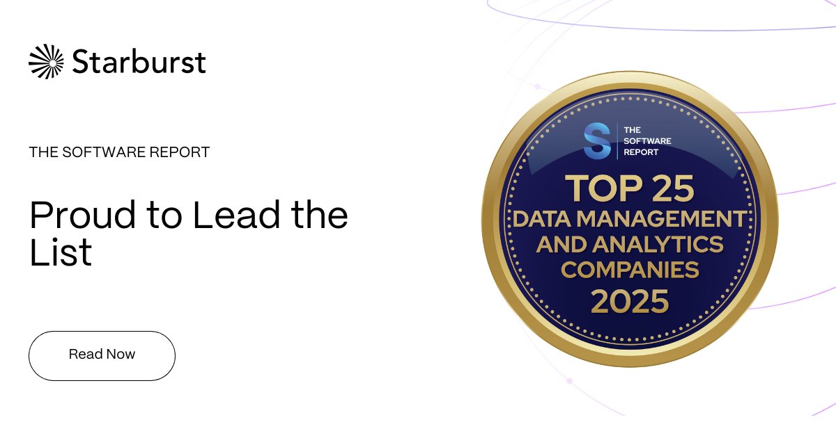 We’re proud to be ranked #1 in <a href="/SoftwareReport/">WorldSoftwareReport</a>’s Top 25 Data Management &amp; Analytics Companies of 2025! 🏆

Starburst helps enterprises unify distributed data for analytics &amp; AI, without costly migrations.

🔗 okt.to/Ih0ex3

#DataLakehouse #EnterpriseData #AI #Awards