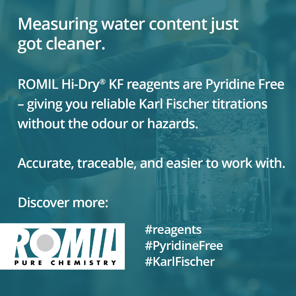 Measuring water content just got cleaner.

ROMIL Hi‑Dry® KF #reagents are #PyridineFree – giving you reliable #KarlFischer titrations without the odour or hazards.

Accurate, traceable, and easier to work with.

Discover more: romil.com/products/slk