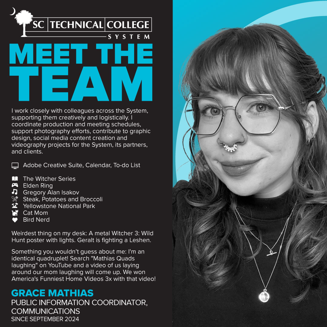 It’s our people who set us apart. Meet the talented team ensuring affordable, accessible, and relevant career and technical education for all South Carolinians!

Presenting Public Information Coordinator, Grace Mathias.

#MeetTheTeam