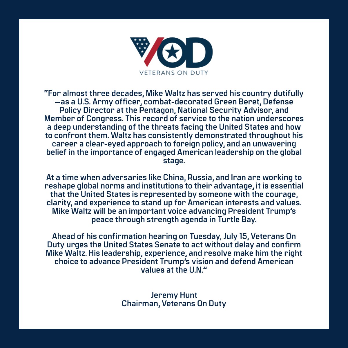 VeteransOnDuty's tweet image. Veterans On Duty is proud to voice its support for former Congressman @michaelgwaltz nomination to be the next U.S. Ambassador to the United Nations.
#VeteransOnDuty #Veterans #Defense #ForeignPolicy