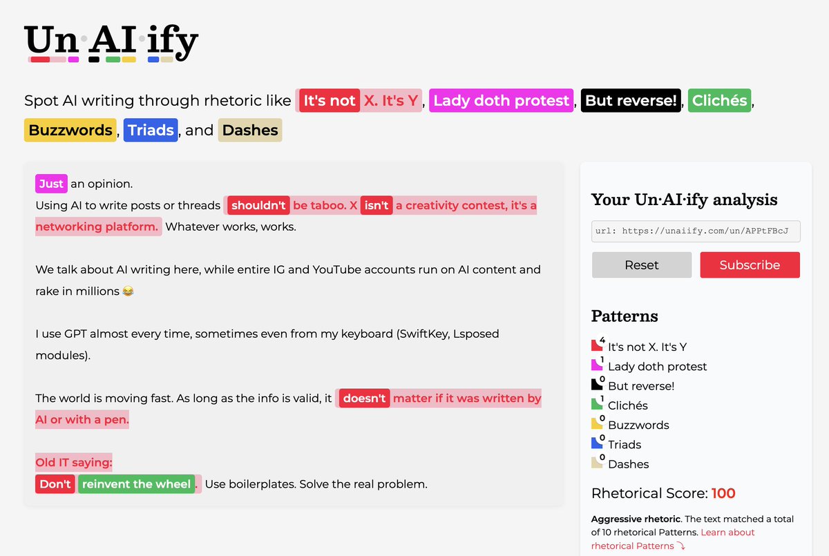 Justin Owings (@justinowings) on Twitter photo <a href="/VoyageBliss/">Anirban chowdhury</a> Intentional invocation of "It's not X. It's Y" or incidental?
unaiify.com/un/APPtFBcJ
I use AI to draft writing daily. I'm in marketing, have written content for years (thousands of content pieces over 20 years). Using AI to help is a godsend.
What I want, though, is better <a href="/VoyageBliss/">Anirban chowdhury</a> Intentional invocation of "It's not X. It's Y" or incidental?
unaiify.com/un/APPtFBcJ
I use AI to draft writing daily. I'm in marketing, have written content for years (thousands of content pieces over 20 years). Using AI to help is a godsend.
What I want, though, is better
