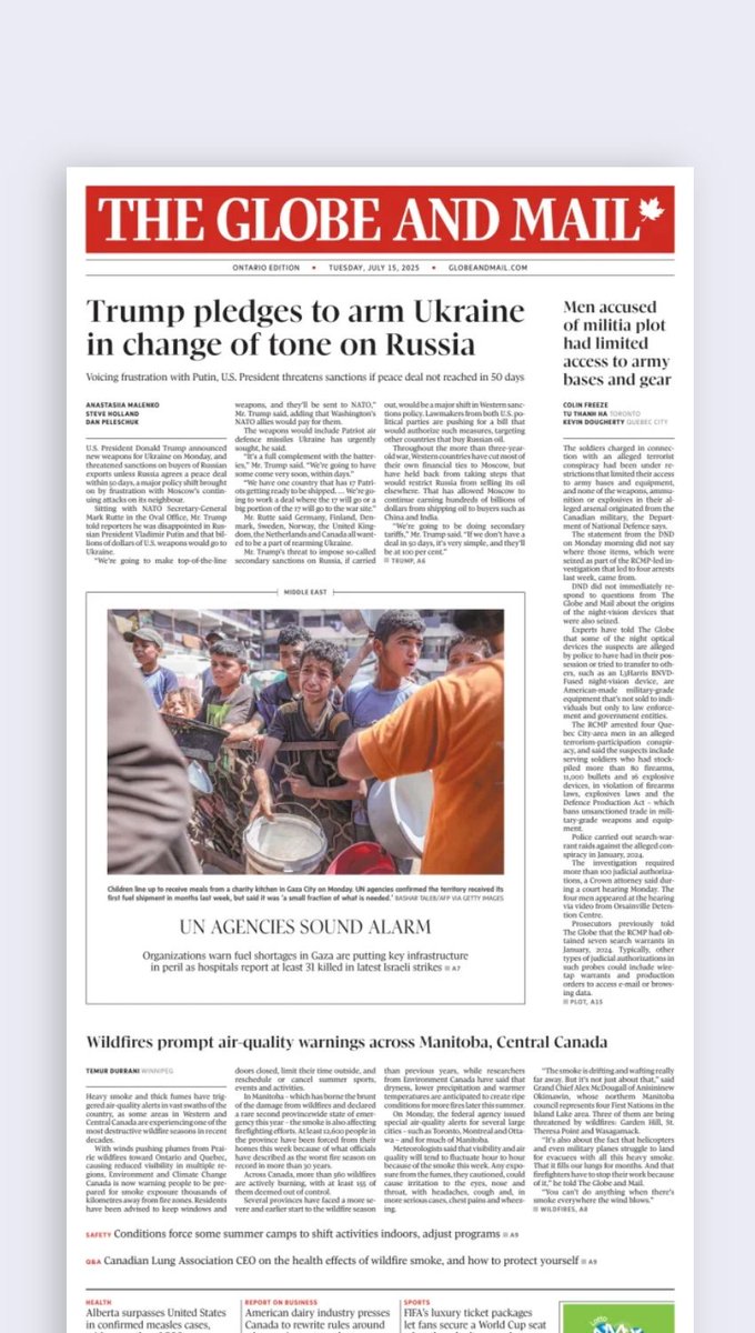 Ethan_Lou's tweet image. The front page of the Globe and Mail for Tuesday, Jul 15, 2025: