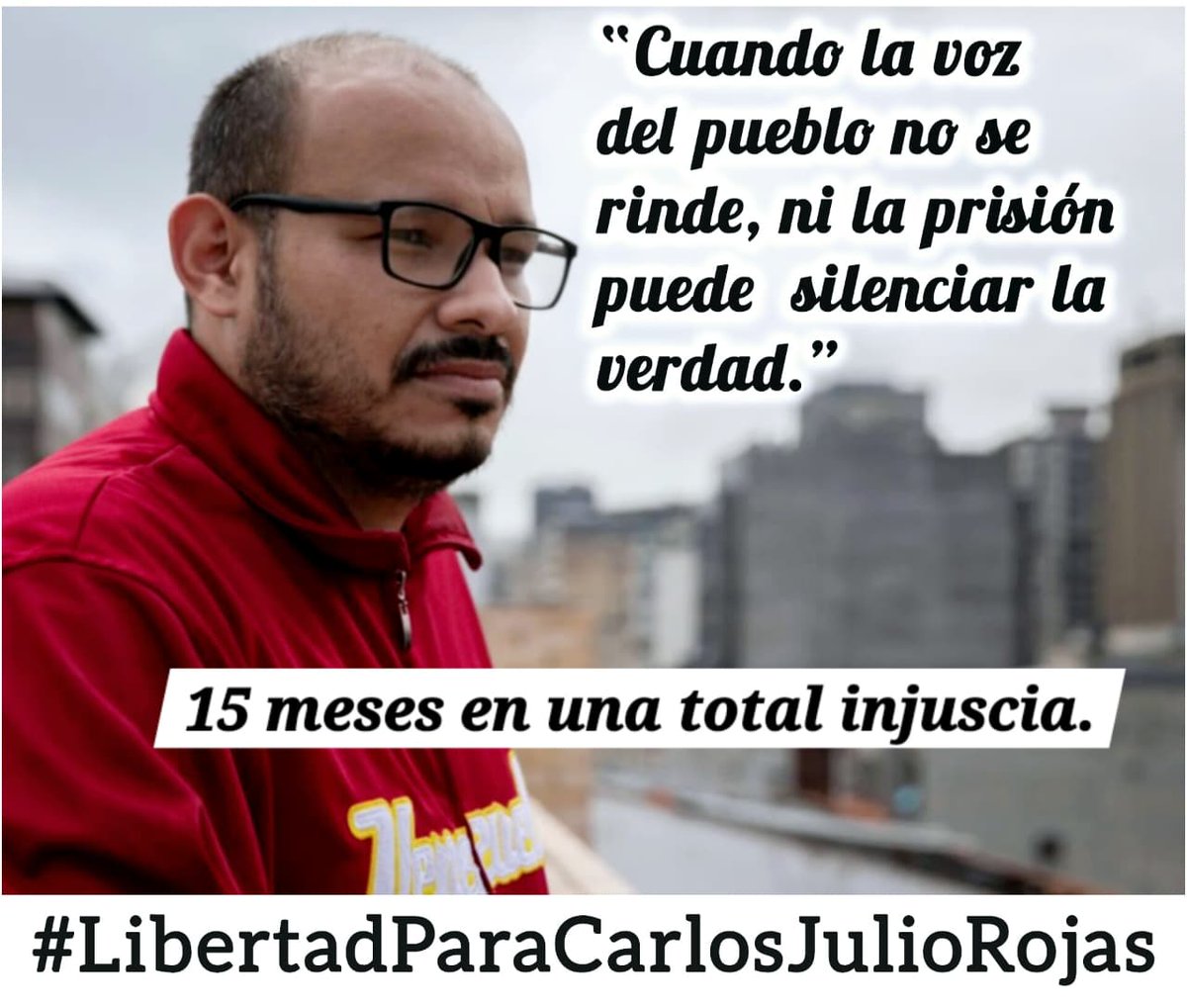 Carlos Julio Rojas es un periodista vzlano,agremiado en el Colegio Nacional de Periodistas con el No.20.949. Al momento de su detención era dirigente gremial,adjunto a la secretaría General del CNPseccional Distrito Capital. 15 meses de injusta prision.
#LiberenACarlosJulio