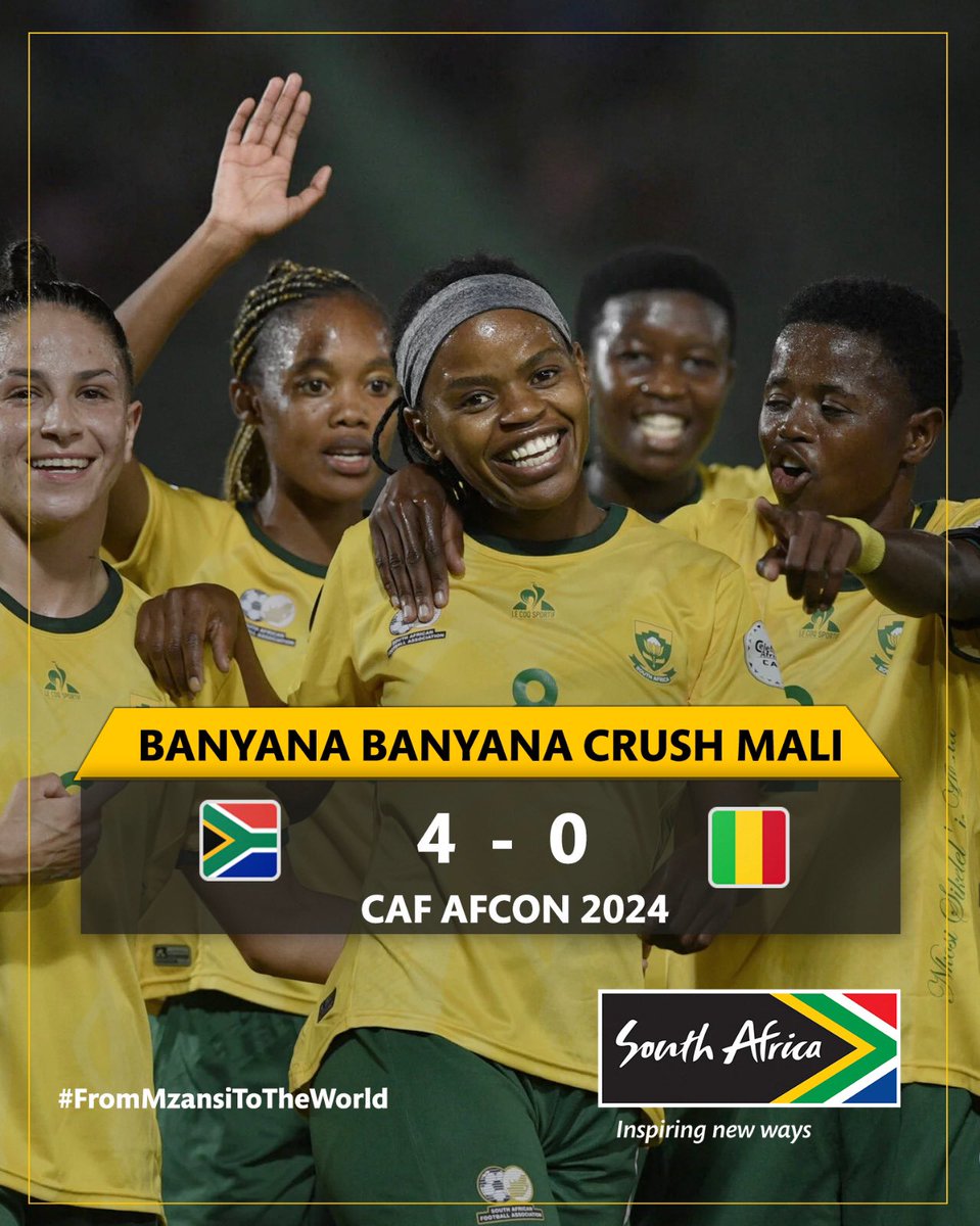 Banyana Banyana’s 4-0 victory over Mali takes them to the next round in the #CAFWAFCON 24/25! 🇿🇦 Next stop, quarterfinals! ⚽️ Congratulations, team!
