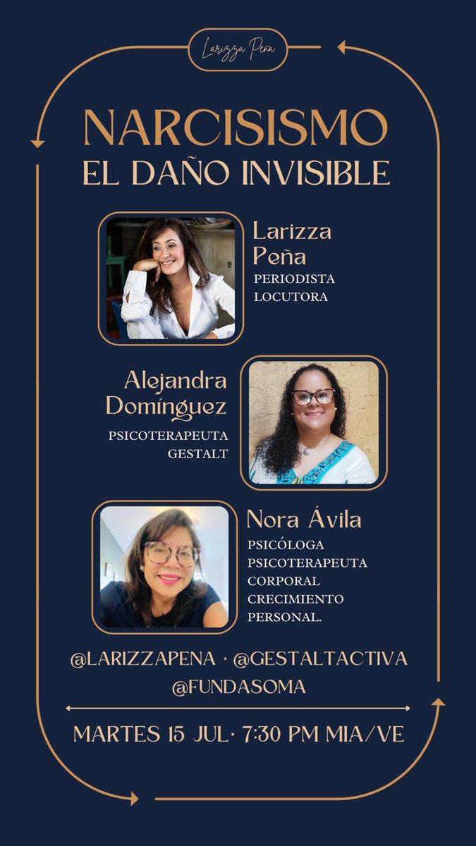 Buen día mi gente querida. #Hoy en "Casi Normal", hablaremos de #narcisismo. Acompáñennos a las 7:30pm hora Miami-Vzla por <a href="/larizzapena/">Larizza Peña Official</a> IGLive junto a mi querida <a href="/GestaltActiva/">Gestalt Activa</a> y nuestra invitada especial Nora Ávila #Pisocologia #saludmental