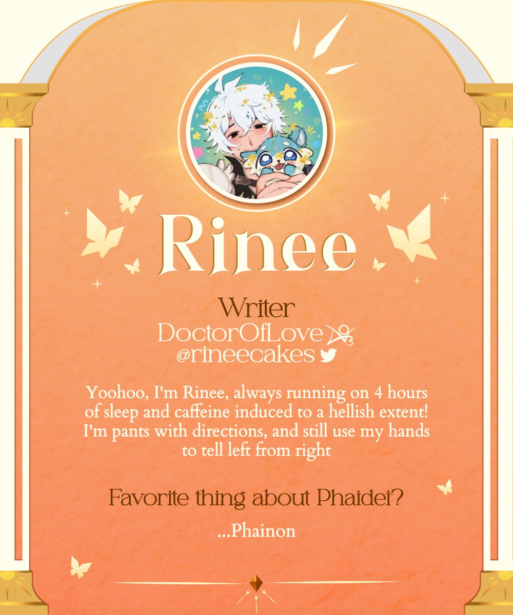 phaideizine's tweet image. 🌟 Writer Introduction ⊹₊ Rinee 🌟
Next up on our writer roster is Rinee (@rineecakes), constantly suffering from sleep deprivation 😔 It's a truly vicious cycle, something our dear friend Phainon is quite familiar with…