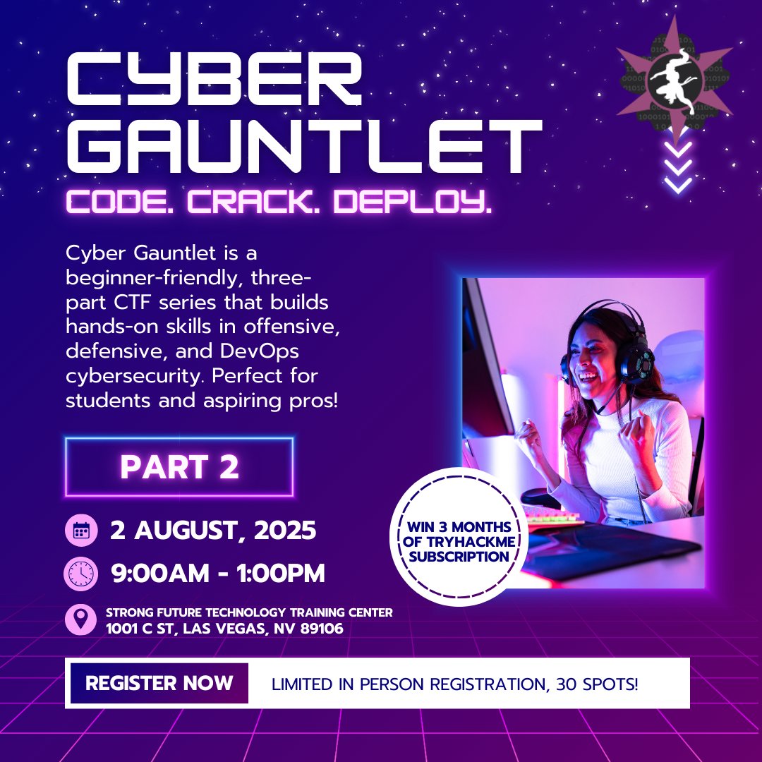 WomenCyberjutsu's tweet image. 🛡️ Cyber Gauntlet: Part 2 is coming August 2nd! A beginner-friendly CTF focused on defensive security 🧠💻 🔍 Monitor, respond &amp;amp; harden your environment — no experience needed!

Register: 🔗 linktr.ee/womenscyberjut…

#getcybersmart2025 #CyberjutsuTribe #WomenInTech 👩🏽‍💻