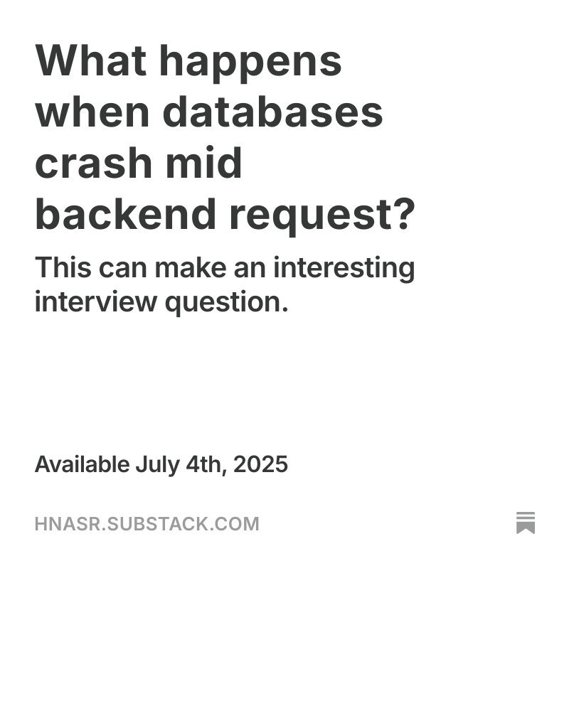 hnasr's tweet image. Databases have tables and indexes stored in files and cached in memory aka as buffer pool. As you create rows, the database system writes the rows to data pages on memory first which is then eventually written to data files on disk.
what happens if you lose power half-way…