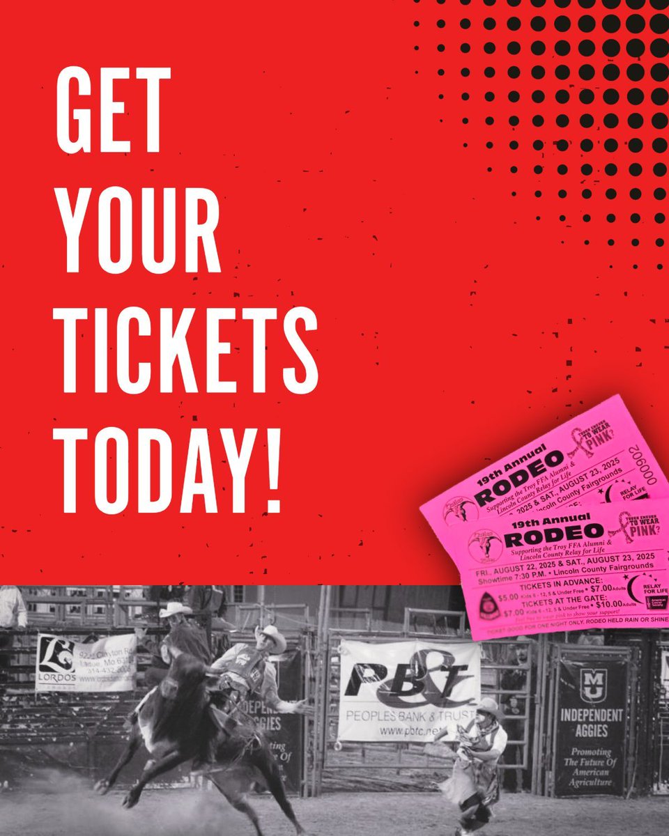 Stop by any of our branches to purchase tickets for the Troy FFA Alumni &amp; Lincoln County Relay for Life Rodeo coming up on August 22 &amp; 23, 2025 at the Lincoln County Fairgrounds in Troy, MO! 
🎟️ Kids 6-12 are $5
🎟️ Kids 5 and under are FREE
🎟️ Adults are $7