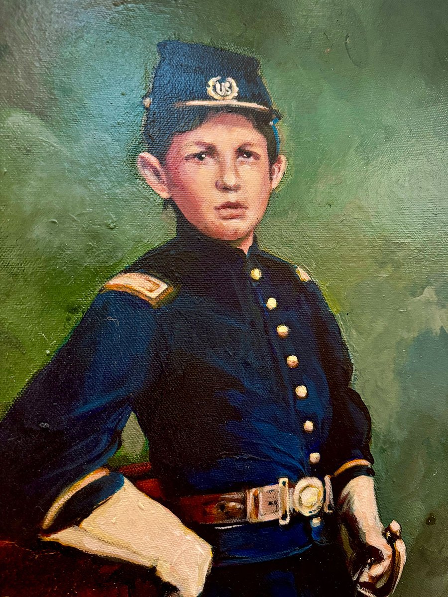 ALPLM's tweet image. #OnThisDay in 1871, Thomas “Tad” Lincoln died at just 18. Known for his playful White House antics, Tad was fascinated by the military and often dressed in a U.S. soldier’s uniform. His portrait by Dane Lindley, based on a photo by Alexander Gardner, is now on display at #ALPLM.