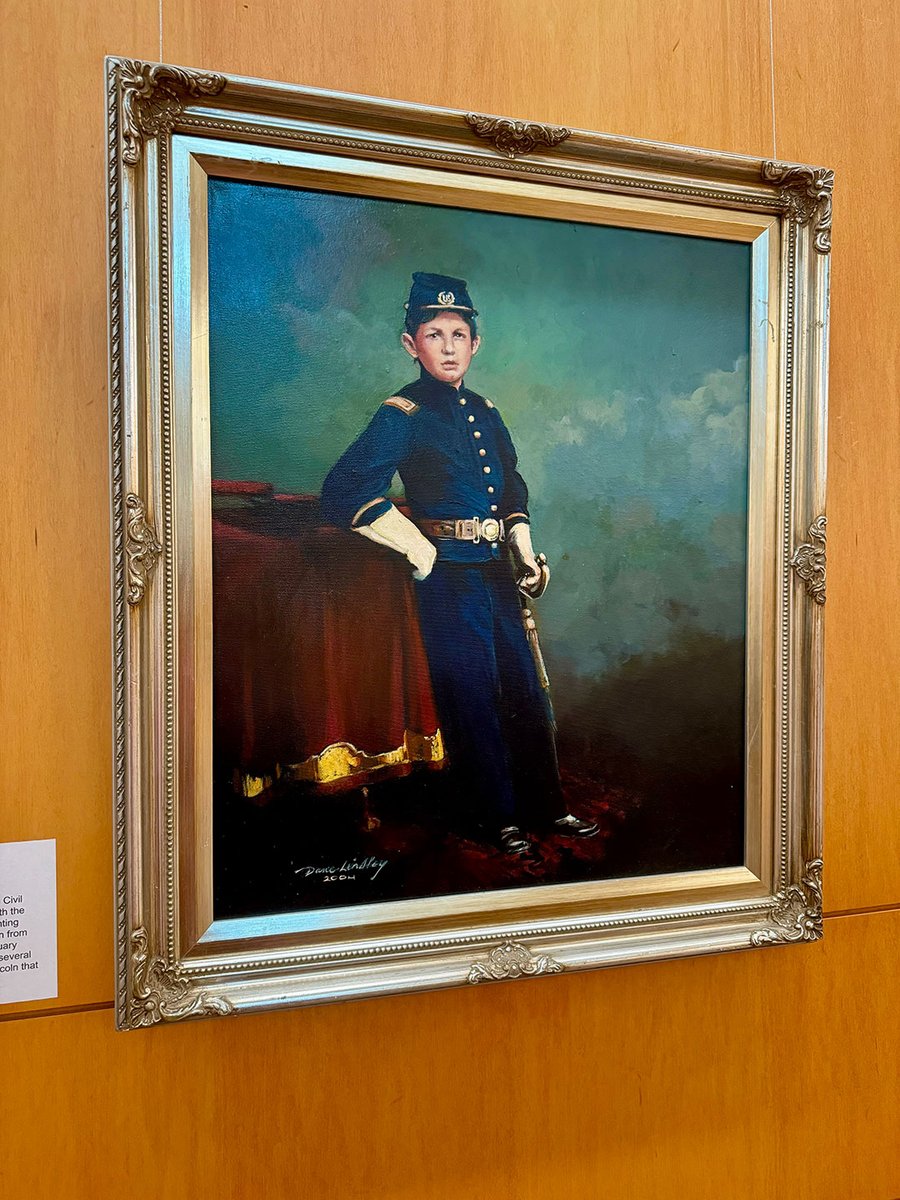ALPLM's tweet image. #OnThisDay in 1871, Thomas “Tad” Lincoln died at just 18. Known for his playful White House antics, Tad was fascinated by the military and often dressed in a U.S. soldier’s uniform. His portrait by Dane Lindley, based on a photo by Alexander Gardner, is now on display at #ALPLM.