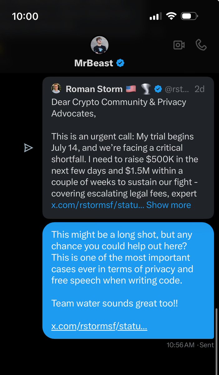 Patrick Collins (@patrickalphac) on Twitter photo I DM’d MrBeast on this.
We as an industry must help <a href="/rstormsf/">Roman Storm 🇺🇸 🌪️</a>’s case.
He still short on the funds!!! I DM’d MrBeast on this.
We as an industry must help <a href="/rstormsf/">Roman Storm 🇺🇸 🌪️</a>’s case.
He still short on the funds!!!