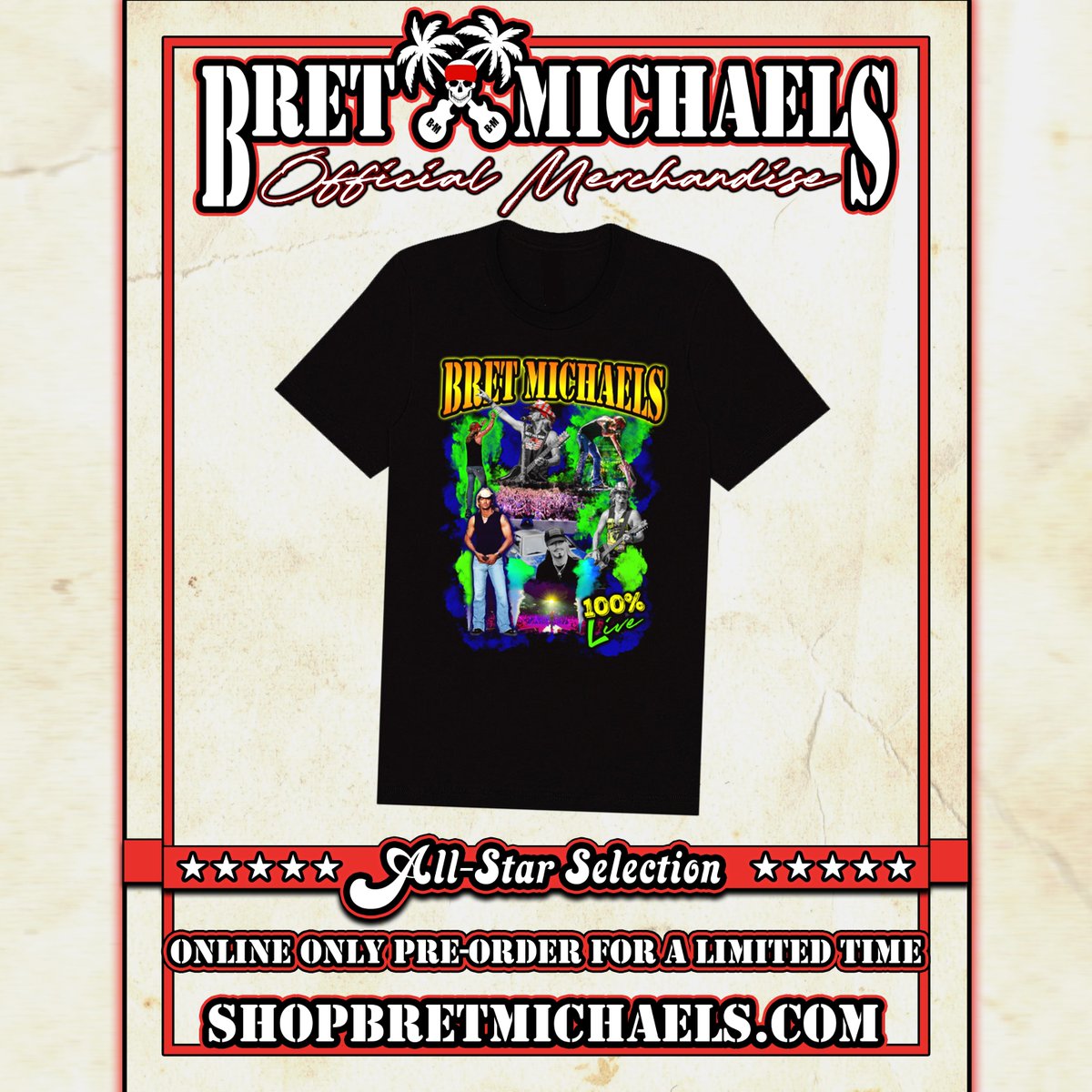 bretmichaels's tweet image. Pre-order the 2025 edition of the fan-favorite 100% Live Photo Collage Tee featuring iconic live photos that capture the raw energy of Bret Michaels. Online Exclusive - shopbretmichaels.com/2025-100-Live-….
#AllStar #100PercentLive #PreOrder #OfficialMerch #MerchDrop #ShopBretMichaels