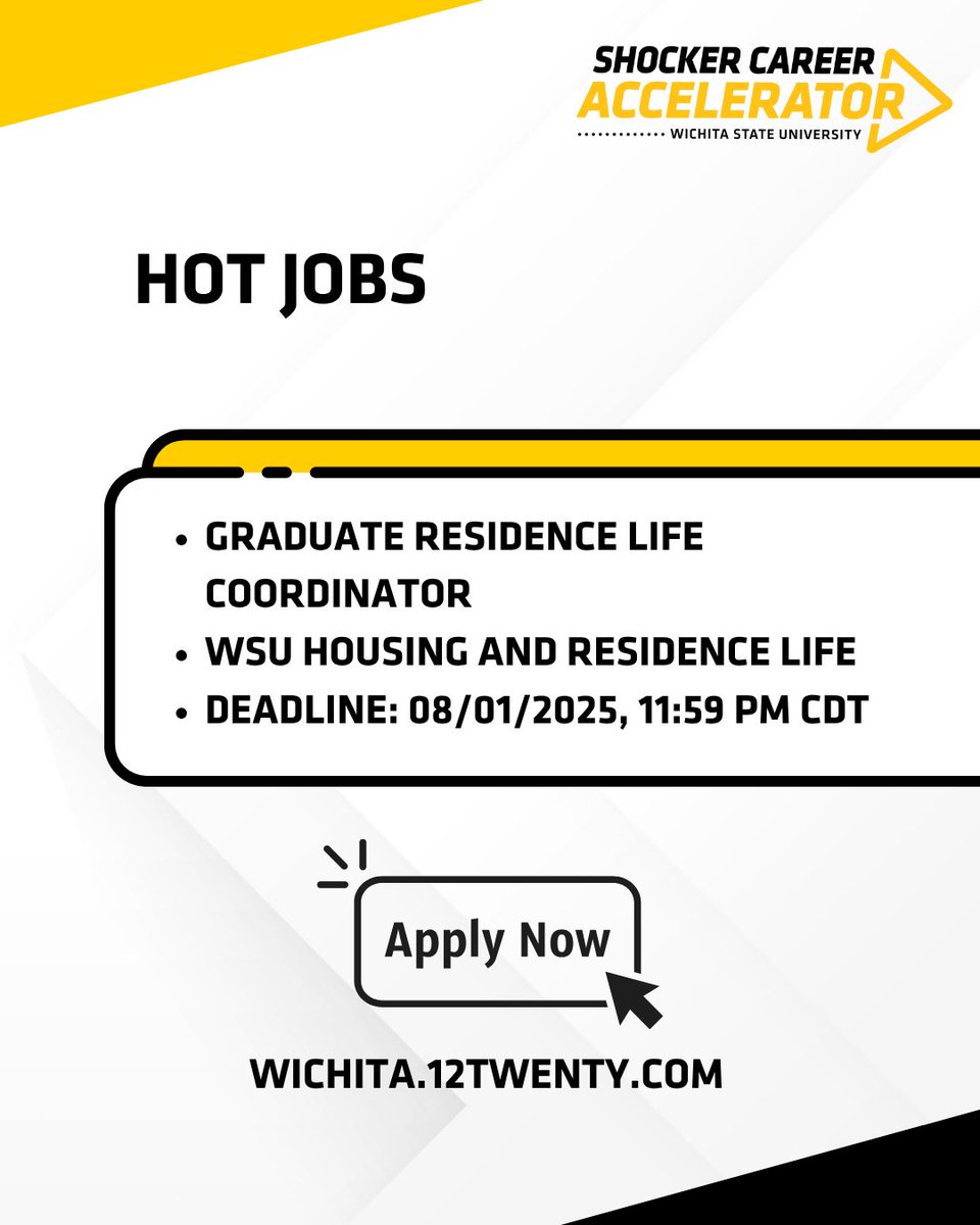 ShockerCareer's tweet image. 🔥 We’re spotlighting hot student jobs — and this one’s worth a look:
🏡 Graduate Residence Life Coordinator
📍 WSU Housing and Residence Life
🕒 Apply by Aug. 1 at 11:59 p.m. CDT
🔗 wichita.12twenty.com
#WichitaState #StudentJobs #ShockersUp