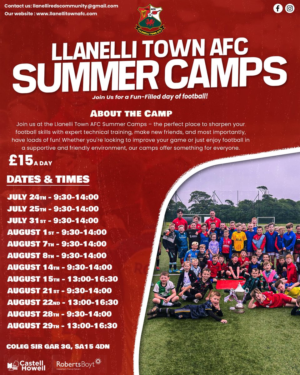 Please see information from Llanelli Town AFC regarding football camps this summer 🔴⚽️

To register please follow the link: forms.gle/8Sv9vfnBYN9kS5…
