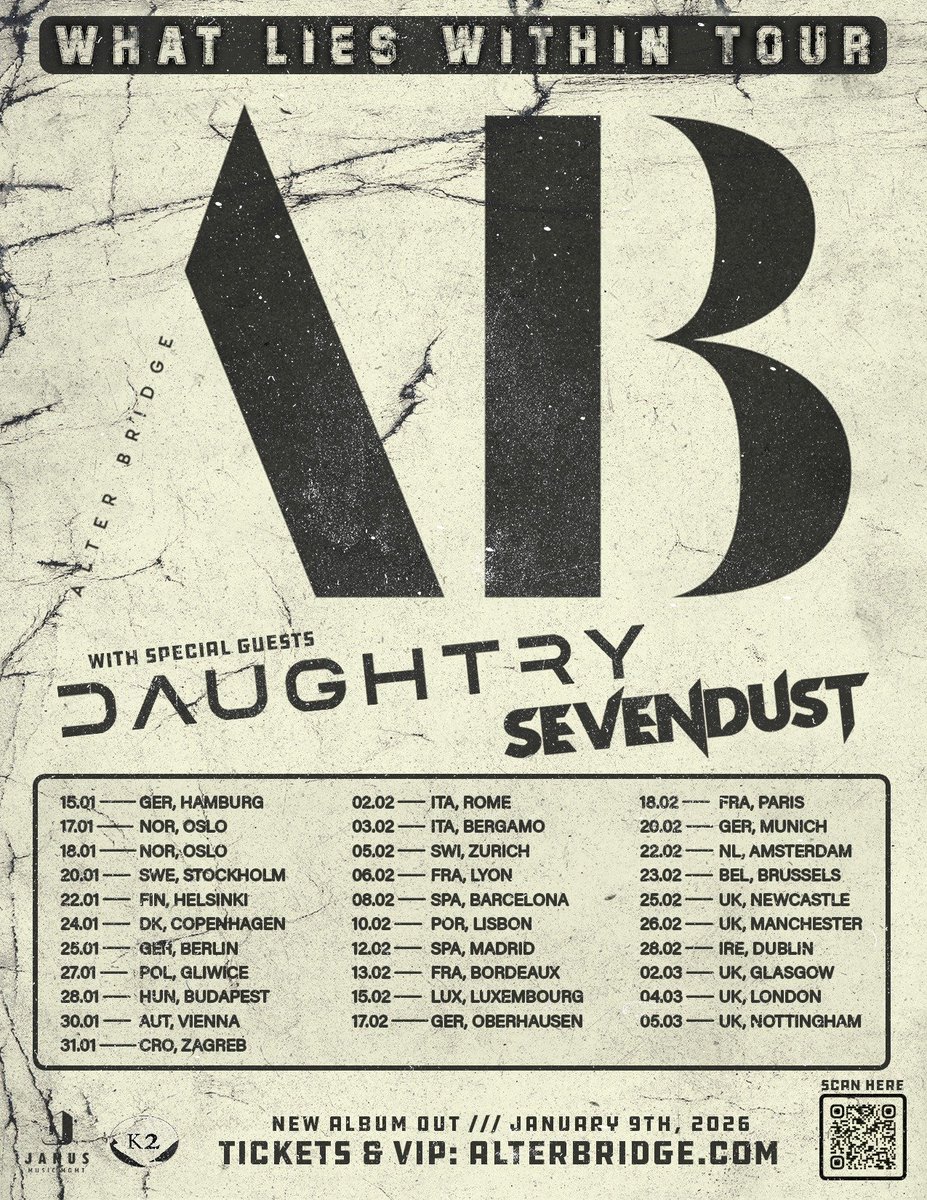 Cosa Nostra PR (@cosanostrapr) on Twitter photo And the tours keep rolling in! Not only are we getting a new <a href="/alterbridge/">Alter Bridge</a> album, but the What Lies Within Tour hits the UK in 2026! And the tours keep rolling in! Not only are we getting a new <a href="/alterbridge/">Alter Bridge</a> album, but the What Lies Within Tour hits the UK in 2026!