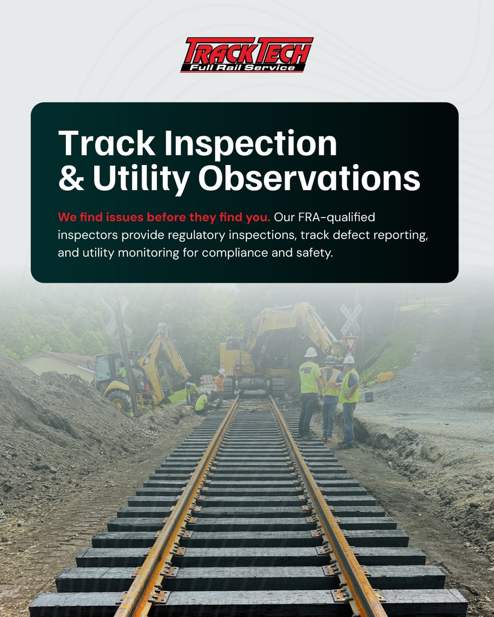 TrackTech_Inc's tweet image. At TrackTech, our FRA-qualified inspectors ensure your rail infrastructure is safe, compliant, and built to last. From regulatory inspections to utility monitoring, we’ve got your back.

#TrackInspection #RailSafety #UtilityMonitoring #TrackTech #RailroadMaintenance