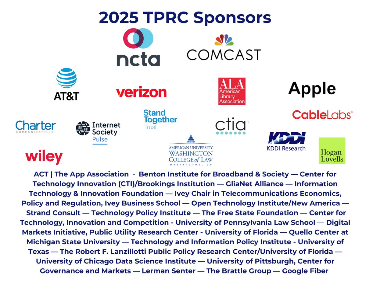 TPRCtweets's tweet image. 👋 We're excited to welcome back @actonline — The Association for Competitive Technology — as a Contributing Sponsor of #TPRC53!
Your continued support means a lot to us. Thank you for being part of the community! 🫶