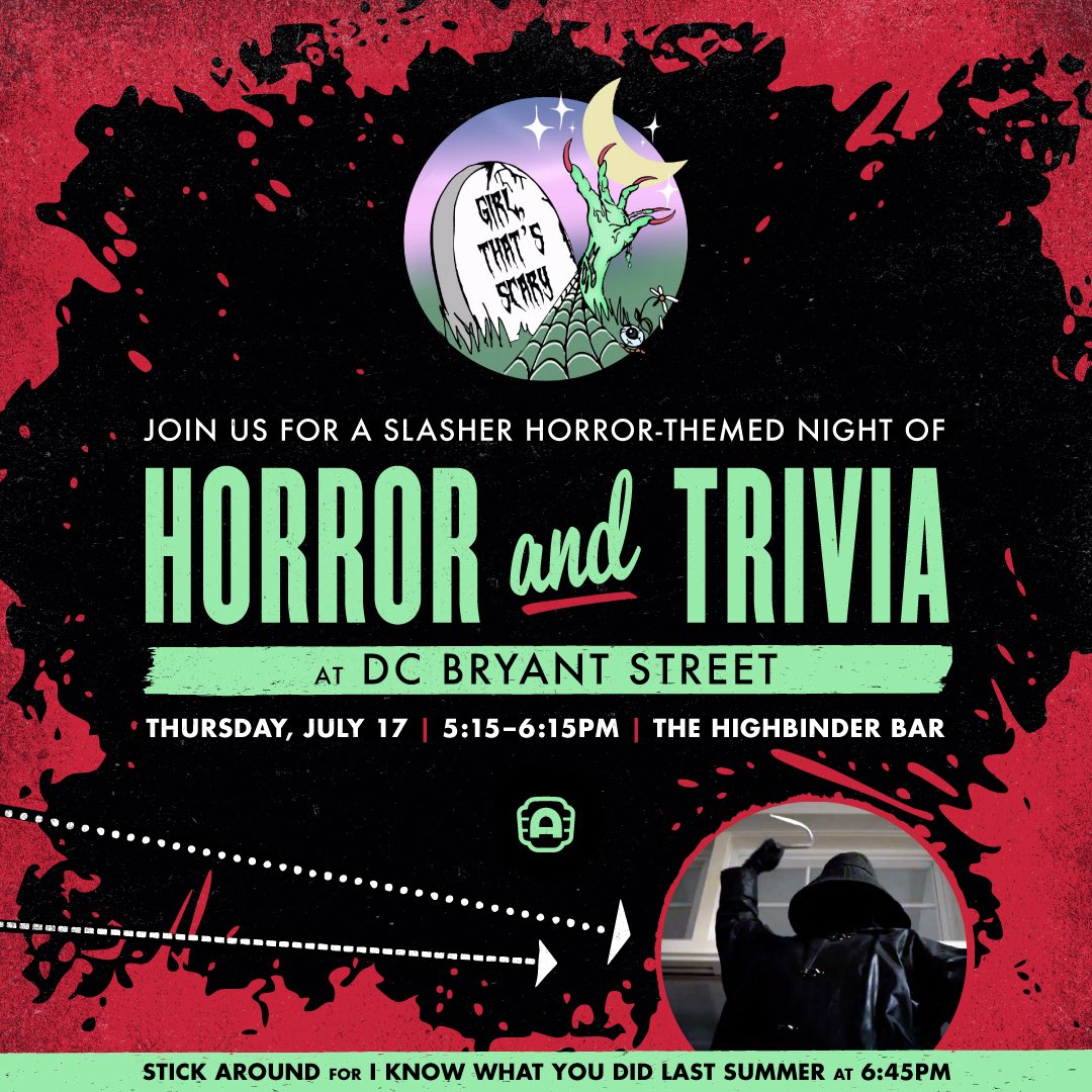 AlamoDC's tweet image. DC! Join us Thurs 7/17 5:15-6:15pm for monthly horror trivia night hosted by @GirlThatsScary! Grab a drink, test your slasher movie knowledge, win fun prizes! Stick around for #IKnowWhatYouDidLastSummer @ 6:45 🪝 Admission is free but pls RSVP w/ the link: forms.gle/P4LDx2xfXnyr8E…