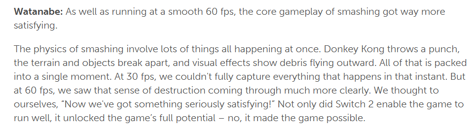 PlayerEssence's tweet image. Nintendo confirms Donkey Kong Bananza was made possible with Switch 2.
On Switch 1 they ran into multiple issues, it would have ran at 30fps (with dips), explosions removed & many other problems.