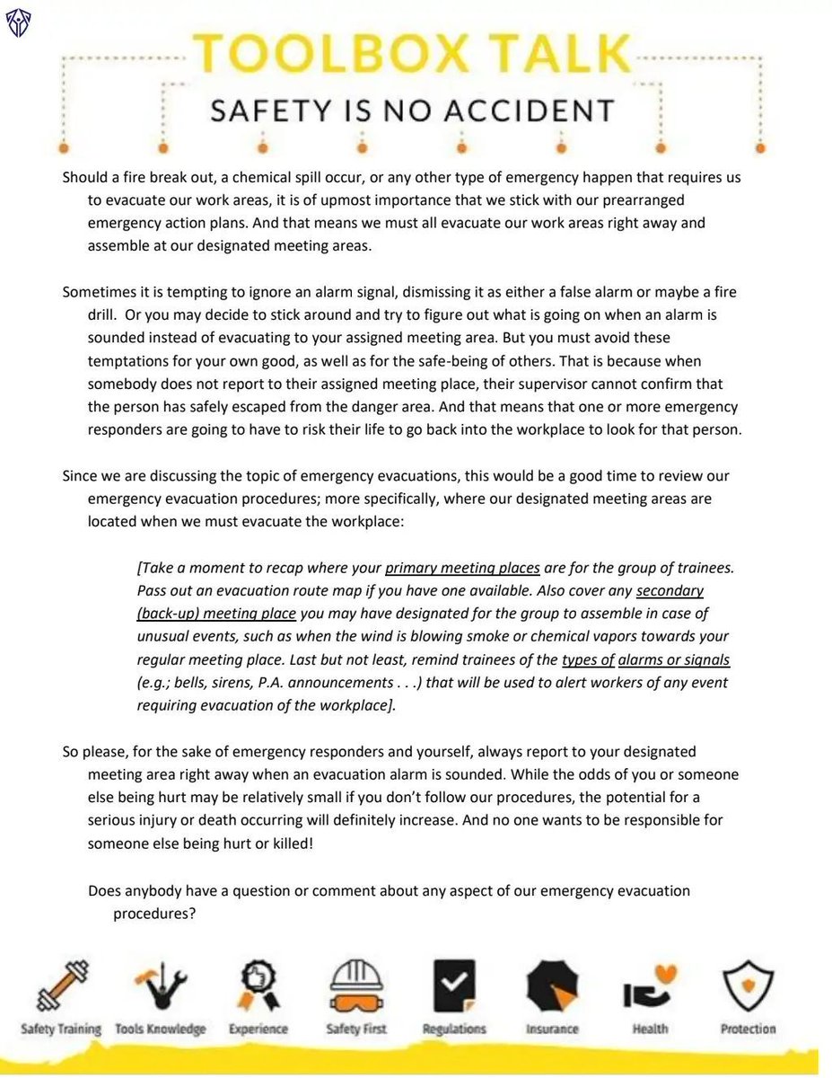 #toolboxtalktuesday
Talk to your employees, this is how you keep them safe.
As like the rest of this week, today's talk is about emergency preparedness and the importance of following the plan.
drive.google.com/file/d/17fzXSl…