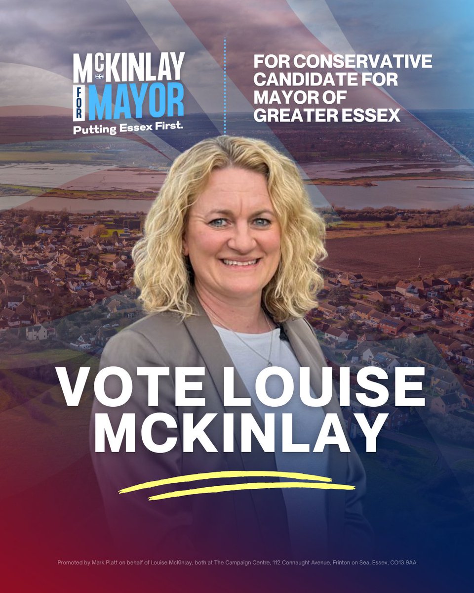 Louise McKinlay (@louisemckinlay) on Twitter photo Honoured to have been selected as one of the Conservative candidates for Mayor of Greater Essex.
If you're a <a href="/Conservatives/">Conservatives</a> member in Essex - your vote counts next week.
I'm focused on real results: backing business, growing our economy & standing up for local people. Honoured to have been selected as one of the Conservative candidates for Mayor of Greater Essex.
If you're a <a href="/Conservatives/">Conservatives</a> member in Essex - your vote counts next week.
I'm focused on real results: backing business, growing our economy & standing up for local people.