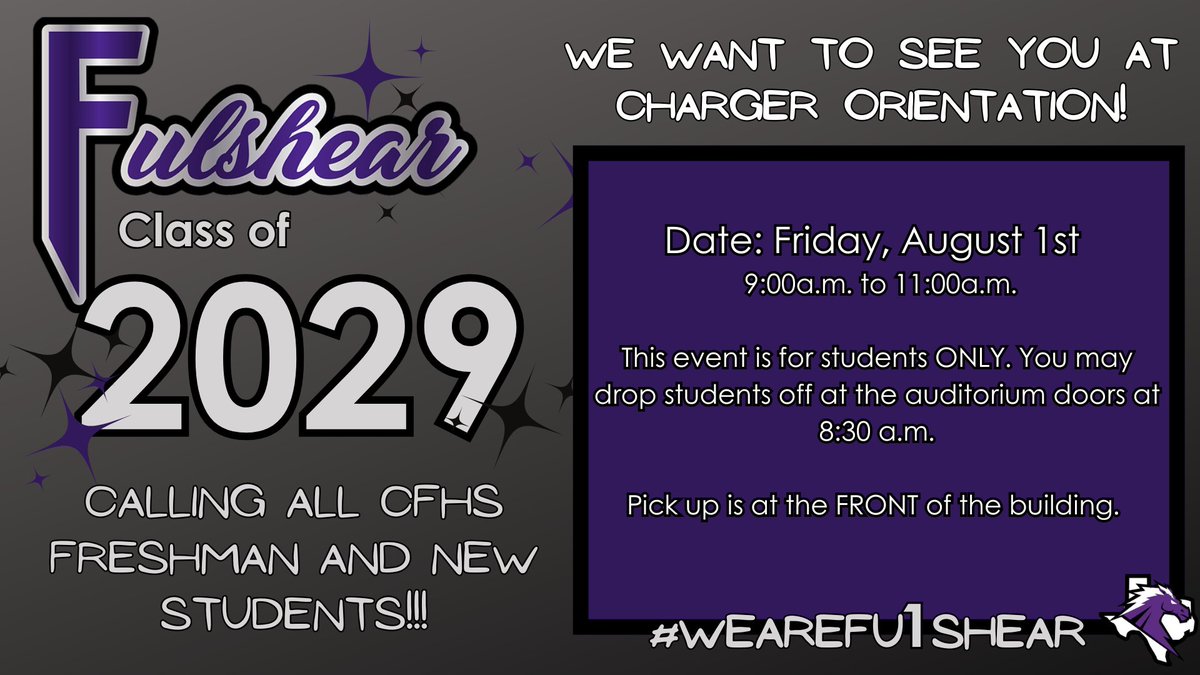 🎉 School is almost back in session, and we are beyond excited to welcome our newest Chargers! Freshman &amp; New Student Orientation is happening soon — come meet our teachers, tour the campus, and feel that Charger pride for the first time! 💜🖤 #ChargerOrientation #WeAreFu1shear