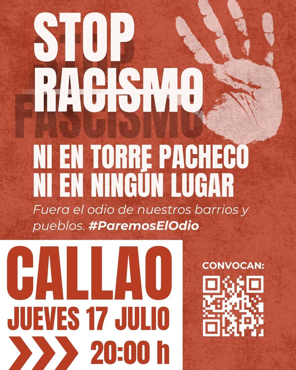 🛑 ¡Ya basta! Este jueves concentración de urgencia para que el racismo y la xenofobia nunca más tengan cabida en nuestros barrios y pueblos. Ni en Torre Pacheco, ni en ningún lugar.

#ParemosElOdio

📅 17 junio
🕗 20 h
📍 Plaza de Callao (Madrid)

cear.es/noticias/movil…