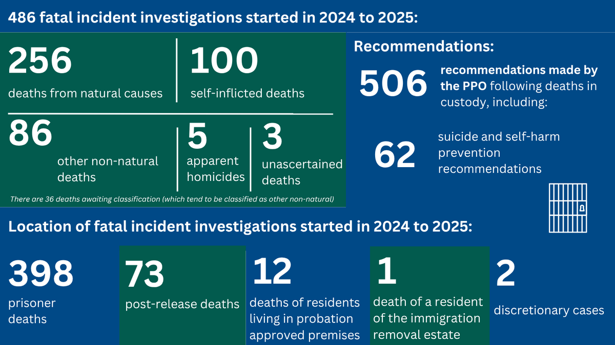 We are acutely aware that when a prisoner dies, bereaved families want answers to their questions quickly. We started investigations into 486 deaths last year, a 35% increase. We are concerned that 100 of these were self-inflicted deaths. This is too many.