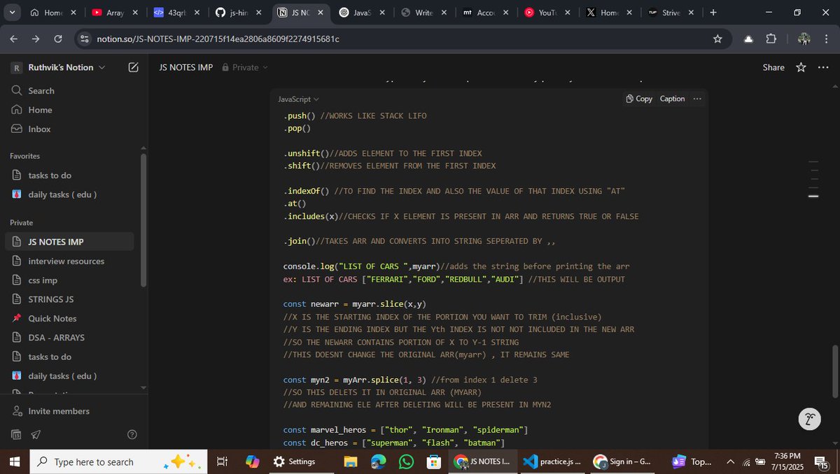 BhaskarRuthvik's tweet image. took some days off , I should be consistent
Here is what I learnt today:
1. started strings on @striver_79 a2z sheet
2.learnt arrays of js in detail from @Hiteshdotcom and revised js mdn docs of prev concept
3 . will do some leetcode at night
#LearnInPublic
#buildinpublic