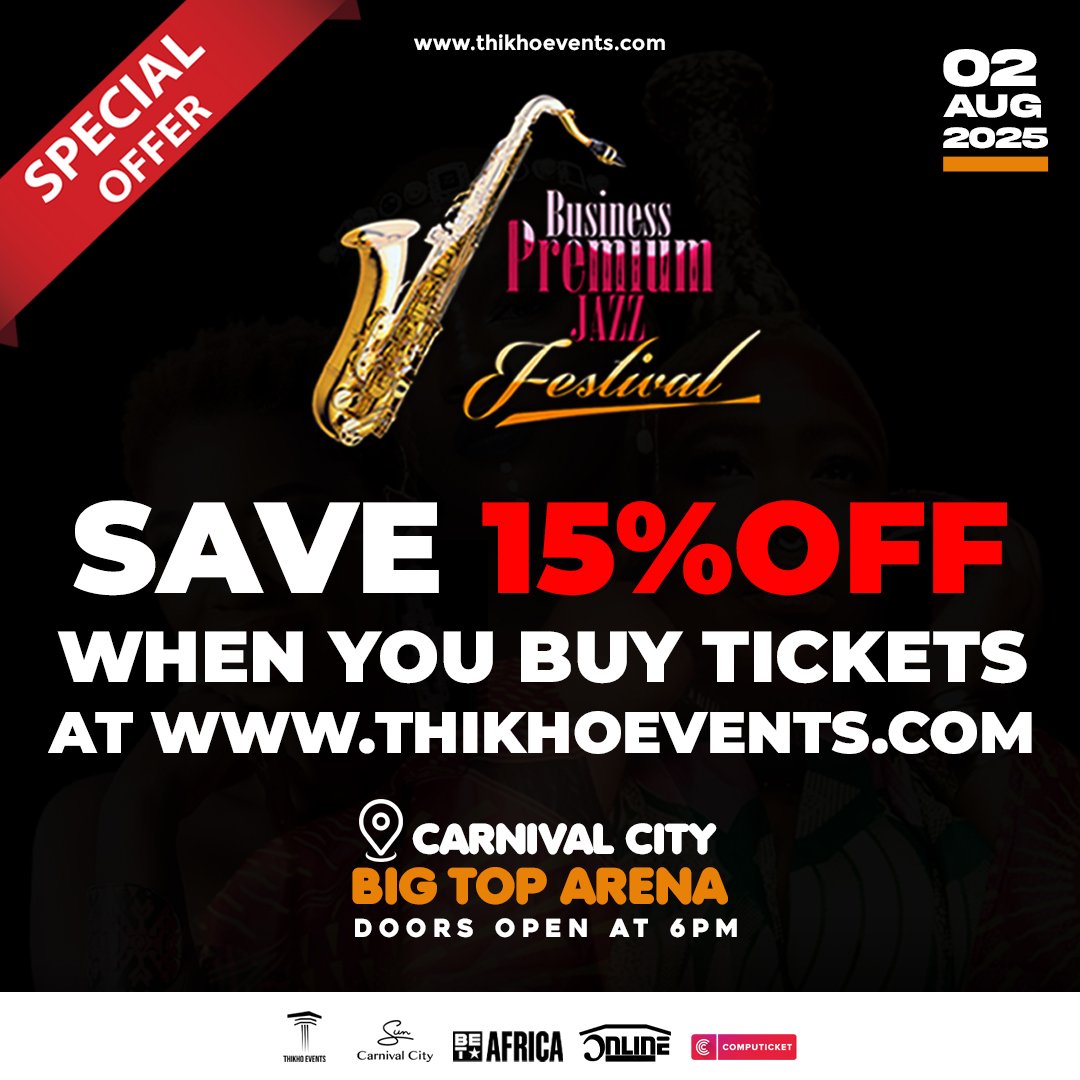 ThikhoEventsZA's tweet photo. 🎶🎷 Don't Miss Out on the Business Premium Jazz Festival! 🎷
Visit our website and save! 🏷️ Buy your tickets NOW at https://t.co/U3TUBiO9j4 and get 15% OFF! 🎟️ Hurry, grab your tickets before they sell out!
#BusinessPremiumJazzFestival #JazzVibes #SaveOnTickets #ThikhoEvents https://t.co/8Q9Dp48Ef1