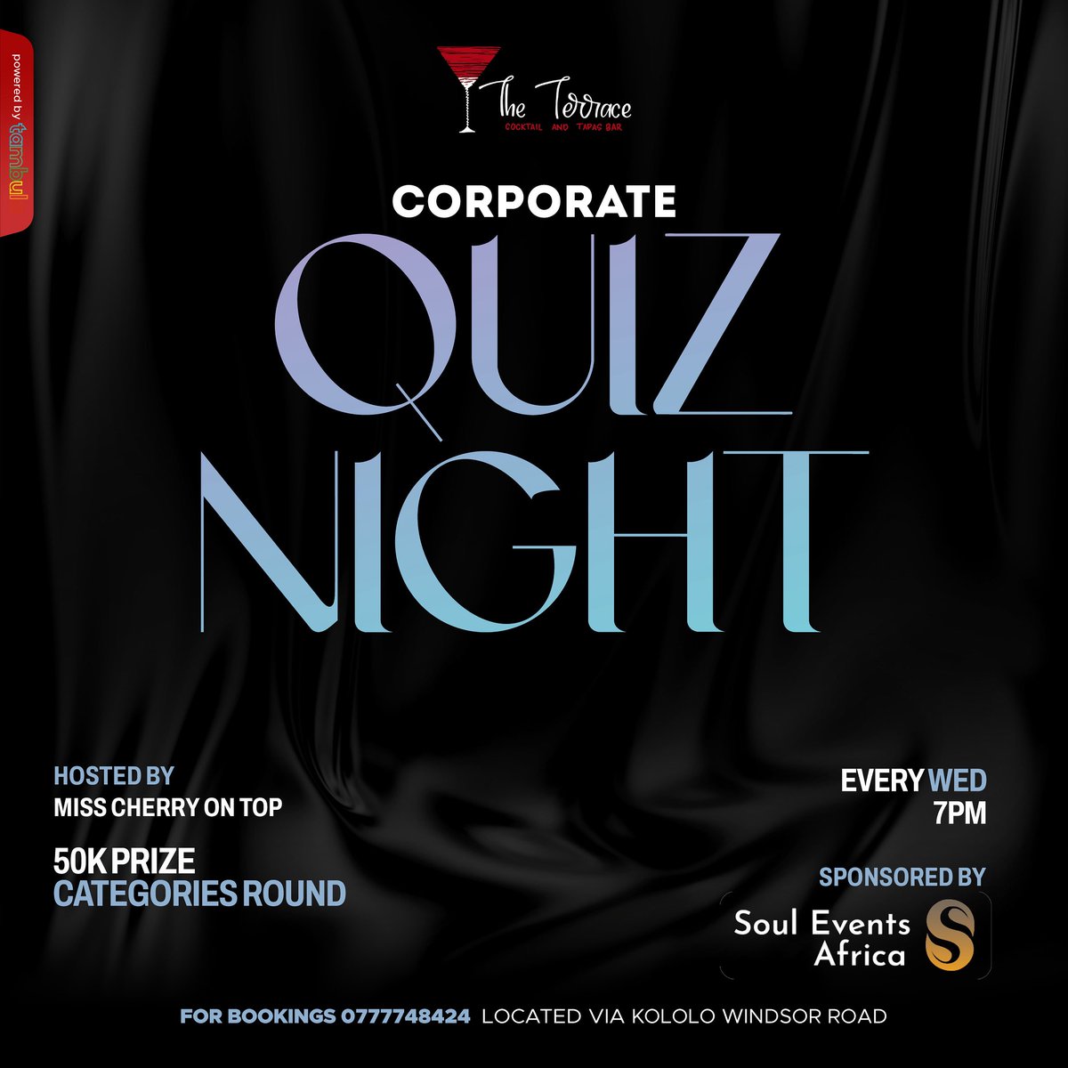 SoulEventsAfric's tweet image. Join us this Wednesday at The Terrace - Kololo for corporate quiz night.
Stand a chance to win 2 free tickets to #TheSoulandRnBExperience or get a 50% off every Wednesday