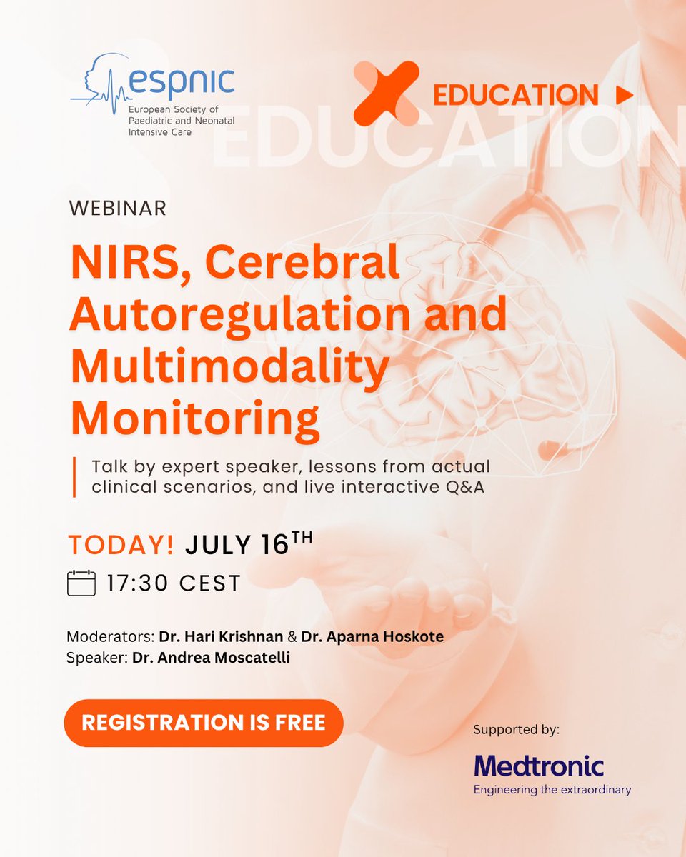 ESPNIC_Society's tweet image. There's still time to join our free & interactive #webinar on #NIRS, cerebral autoregulation & multimodality monitoring!
✅ Register now 👉 bit.ly/4kSnHXH
#ESPNIC #MedTwitter #Neuromonitoring #NeuroTwitter #NICU #PICU #PedsICU