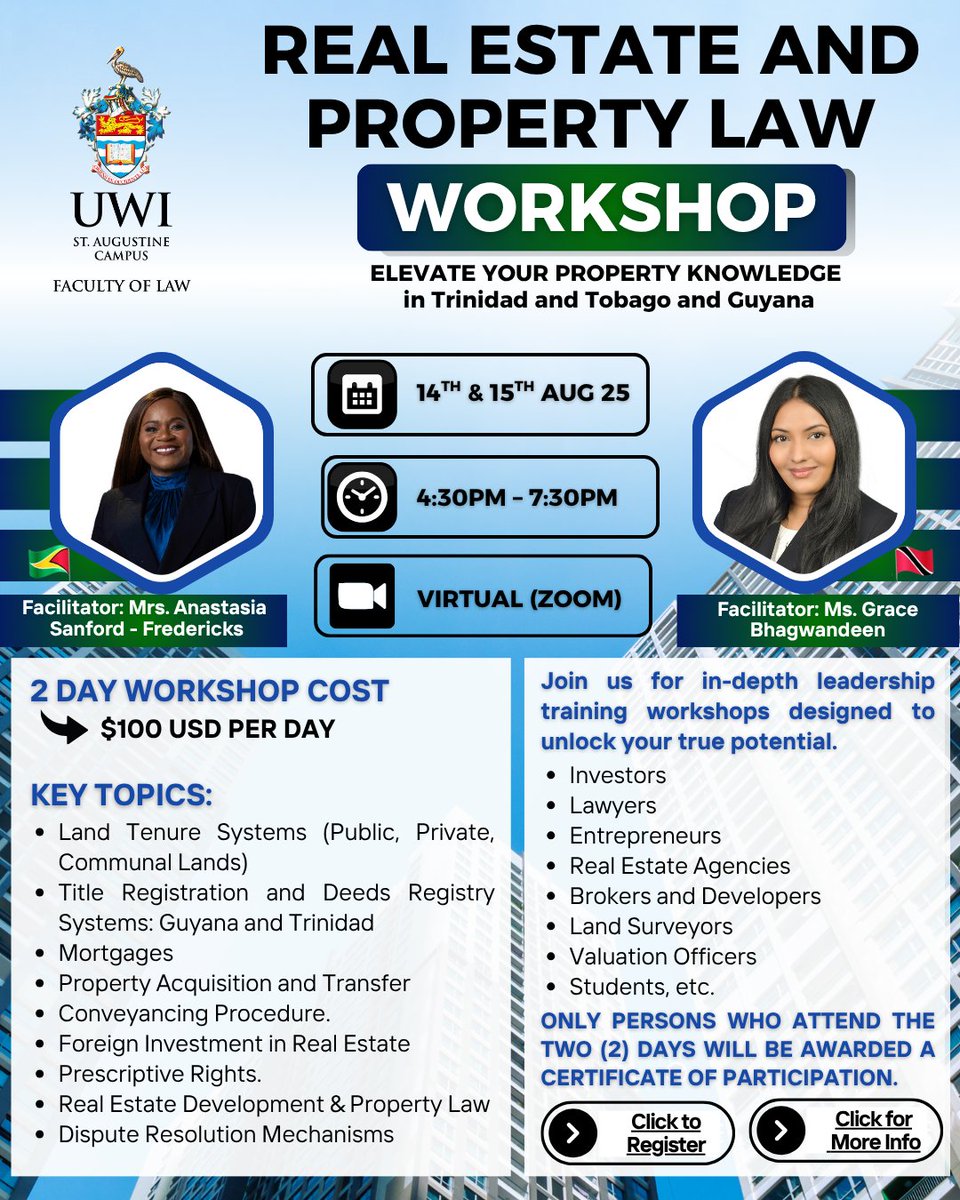 📢 Workshop Postponed: 2-Day Real Estate &amp; Property Law Workshop originally set for July 29–30 has been rescheduled.
🗓️ New Dates: Aug 14–15, 2025
🕕 4:30–7:30 PM AST | Virtual

🔗 Register: shorturl.at/jdmvG
💳 Pay: shorturl.at/BPOBL
ℹ️ Info: shorturl.at/zfxD8