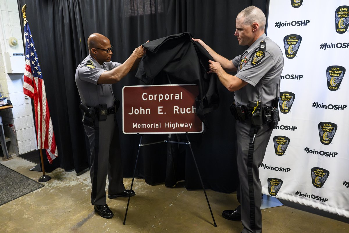 OSHP_NEOhio's tweet image. Yesterday, members of the Ohio State Highway Patrol and the Ruch family gathered to dedicate part of U.S. Route 20 in Ashtabula County in memory of Corporal John E. Ruch. Today, we ensure that his name and sacrifice will never be forgotten.