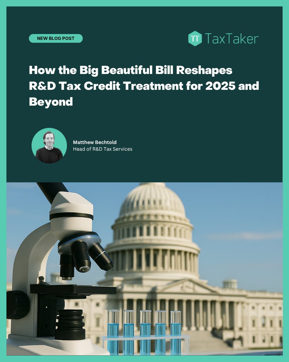 🚨 Immediate R&amp;D expensing is back under the Big Beautiful Bill! Small businesses may even qualify for refunds on 2022–2024 costs. Time to revisit your filings.

🔗 bit.ly/40UYoNb

#RDtaxcredit #Section174 #OBBBA #TaxTaker