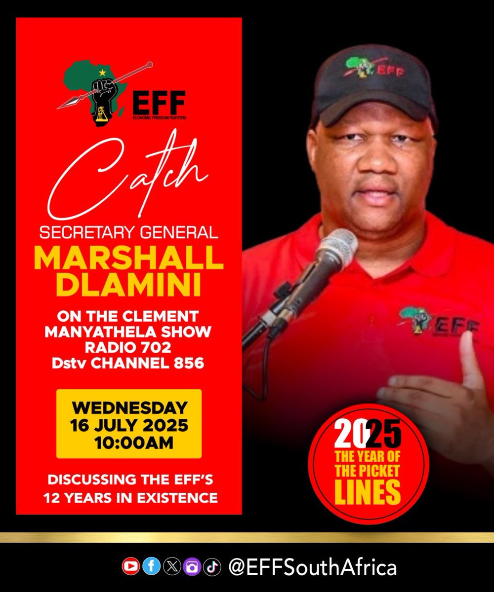 Economic Freedom Fighters (@effsouthafrica) on Twitter photo β¦οΈInterview Alertβ¦οΈ
EFF Secretary General, Commissar <a href="/DlaminiMarshall/">Marshall Dlamini</a>, will be discussing the EFFβs 12-year anniversary tomorrow at 10:00 AM on The Clement Manyathela Show on Radio 702. You can also listen live on DStv Channel 856.
#EFFTurns12 β¦οΈInterview Alertβ¦οΈ
EFF Secretary General, Commissar <a href="/DlaminiMarshall/">Marshall Dlamini</a>, will be discussing the EFFβs 12-year anniversary tomorrow at 10:00 AM on The Clement Manyathela Show on Radio 702. You can also listen live on DStv Channel 856.
#EFFTurns12